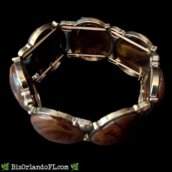 VINTAGE: Gold Tone Link Stretch Bracelet w/ Brown Swirl Acrylic Cabochons *RARE* - Picture 3 of 7